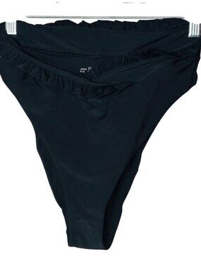 Aerie Womens Swim M Bikini Bottoms Black Ruffle High Waisted High Cut Cheeky NWT